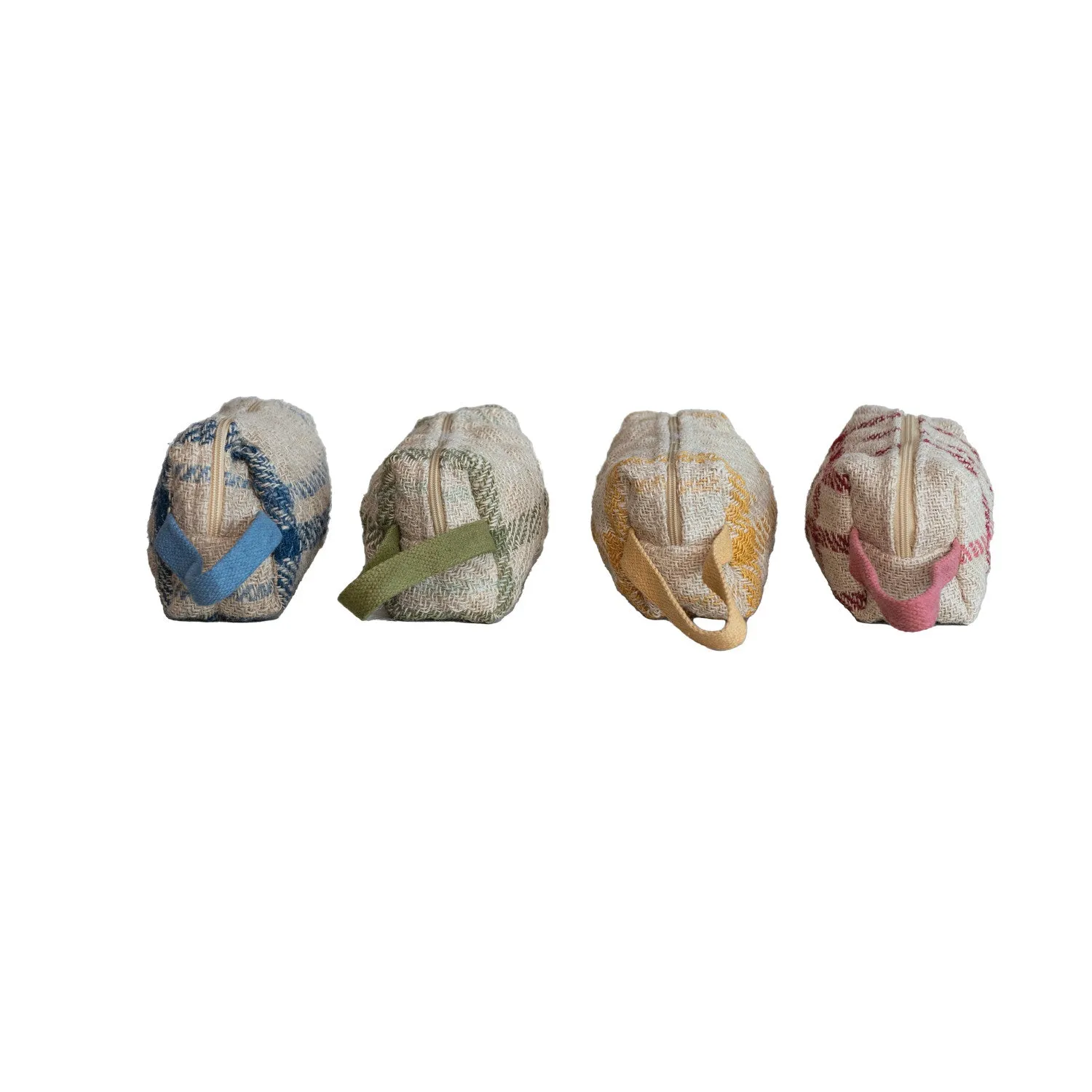 Quilted Jute Zip Pouch With Grid Pattern, Handle & Tassel