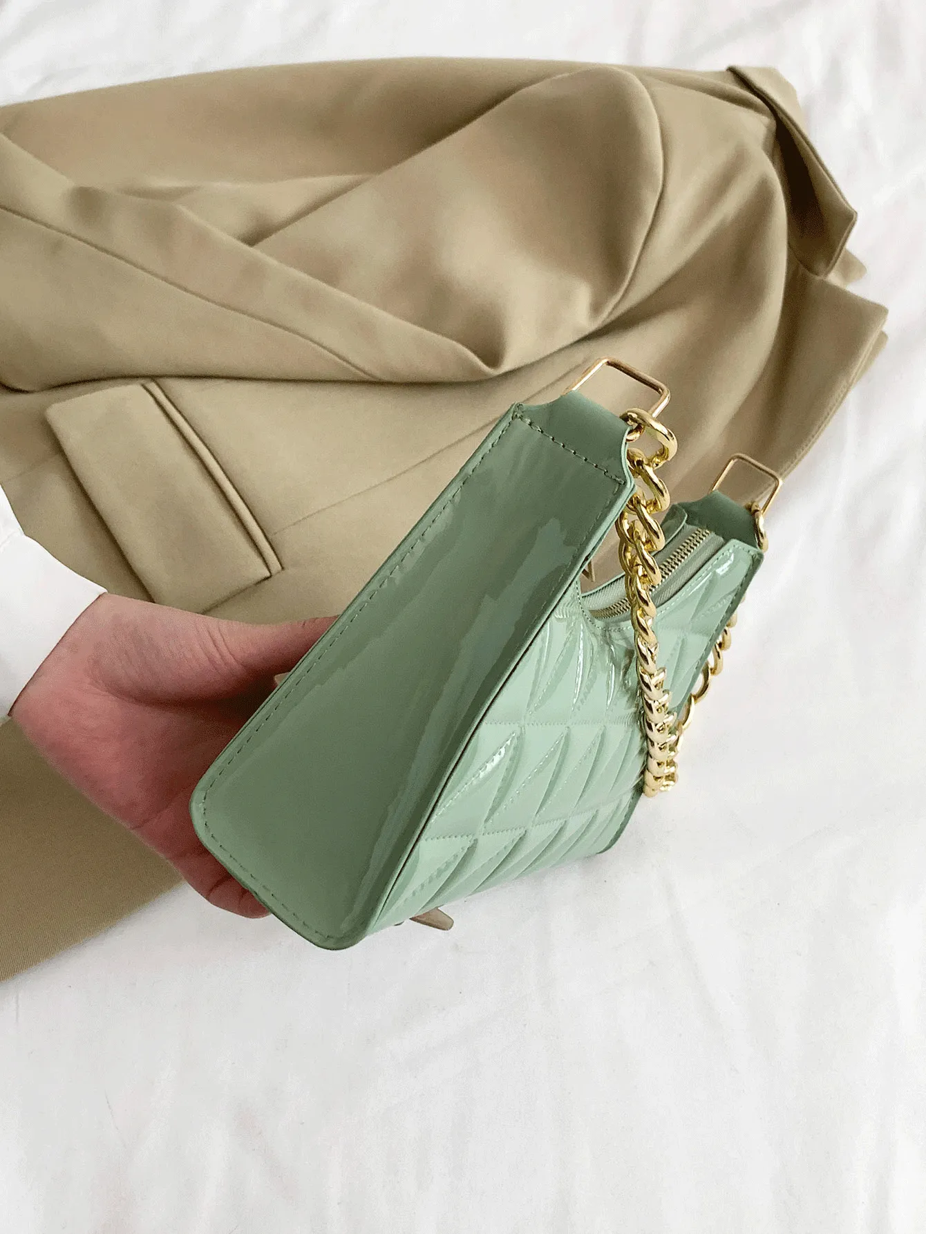 Quilted Pattern Baguette Bag - Light Green
