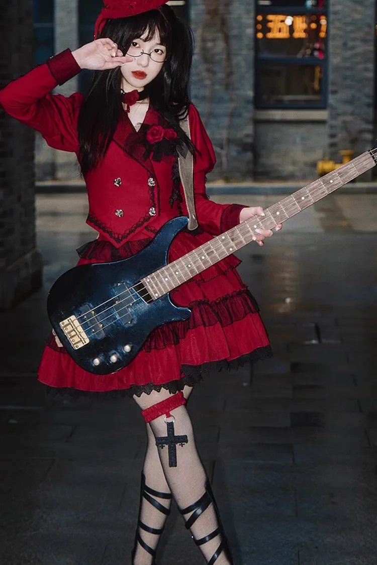 Red Gothic Punk Long Sleeves Removable Corsage Lolita Skirt Set
