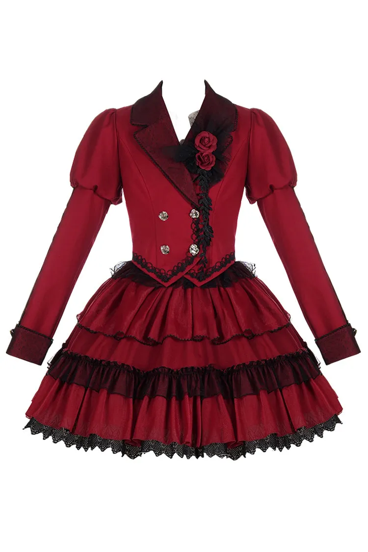 Red Gothic Punk Long Sleeves Removable Corsage Lolita Skirt Set