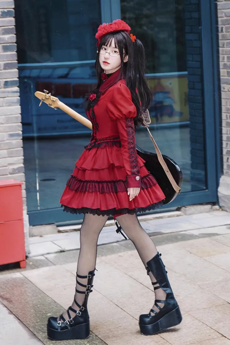 Red Gothic Punk Long Sleeves Removable Corsage Lolita Skirt Set