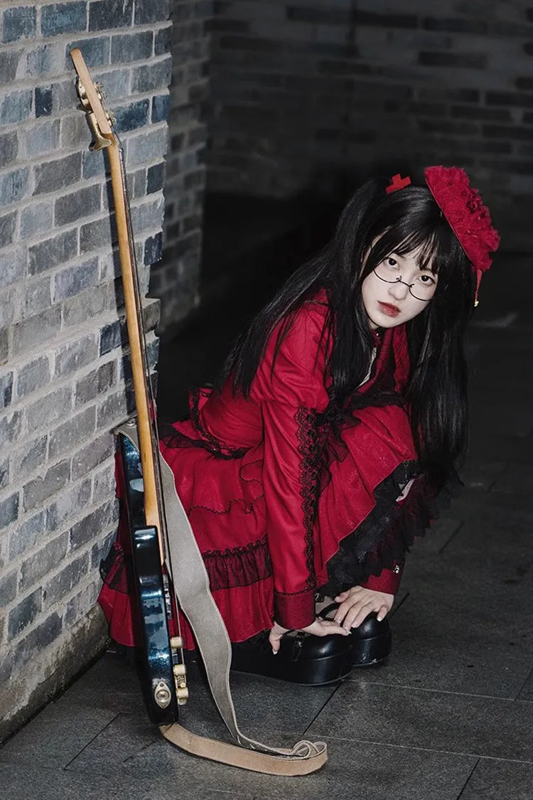 Red Gothic Punk Long Sleeves Removable Corsage Lolita Skirt Set