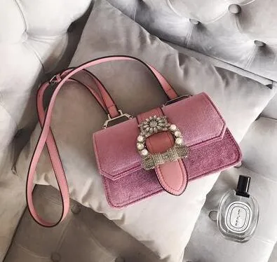 Retro minimalist Women bag shoulder bags Diamonds Autumn and winter new big diamond  velvet fashion lady bag