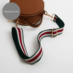 Rome Round Circle Crossbody Bag in Tan with Green Stripe Strap