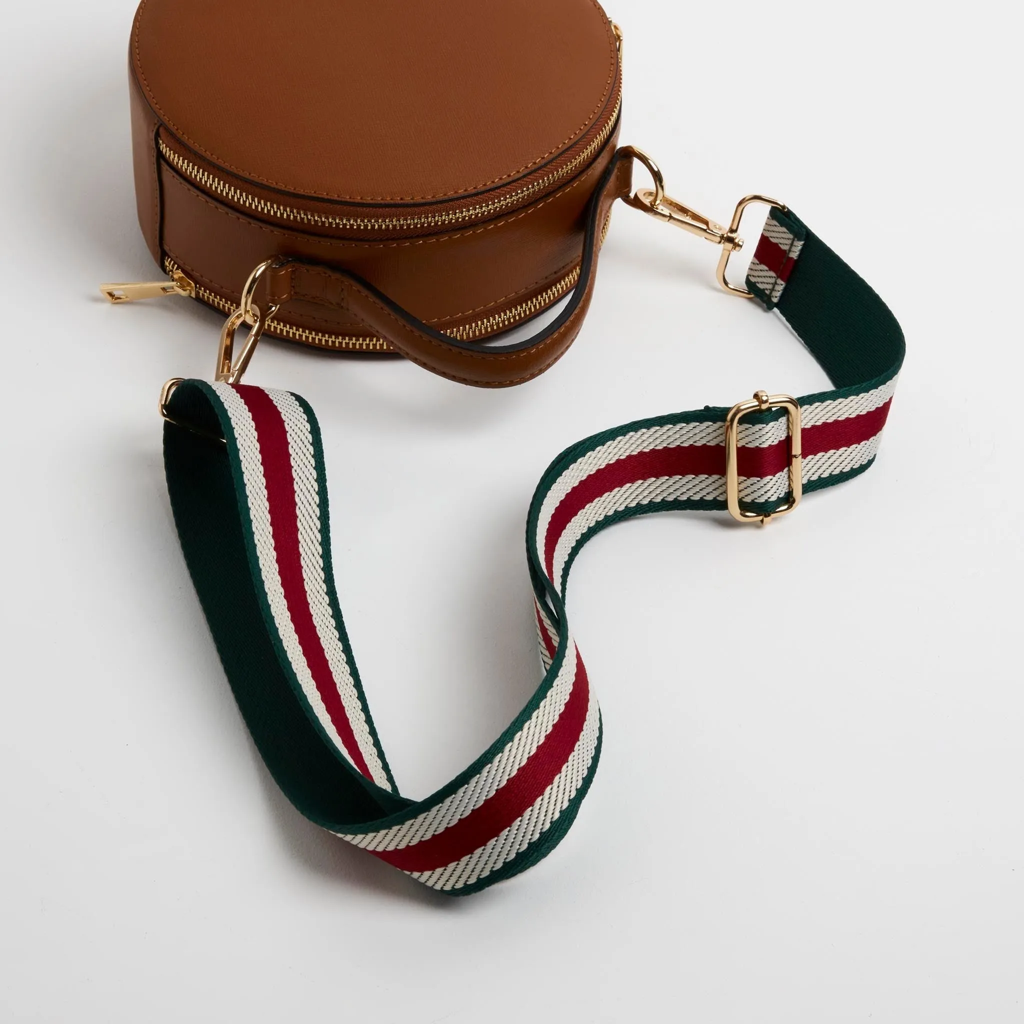 Rome Round Circle Crossbody Bag in Tan with Green Stripe Strap