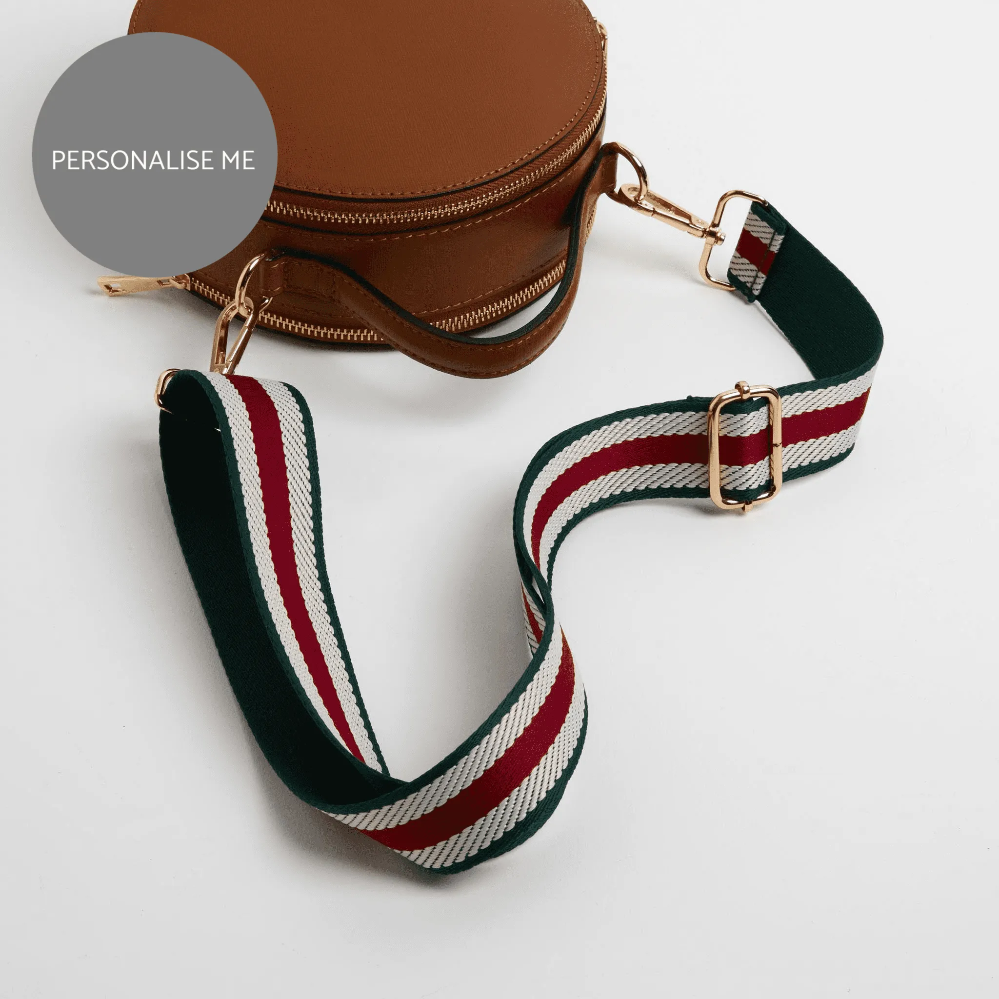 Rome Round Circle Crossbody Bag in Tan with Green Stripe Strap
