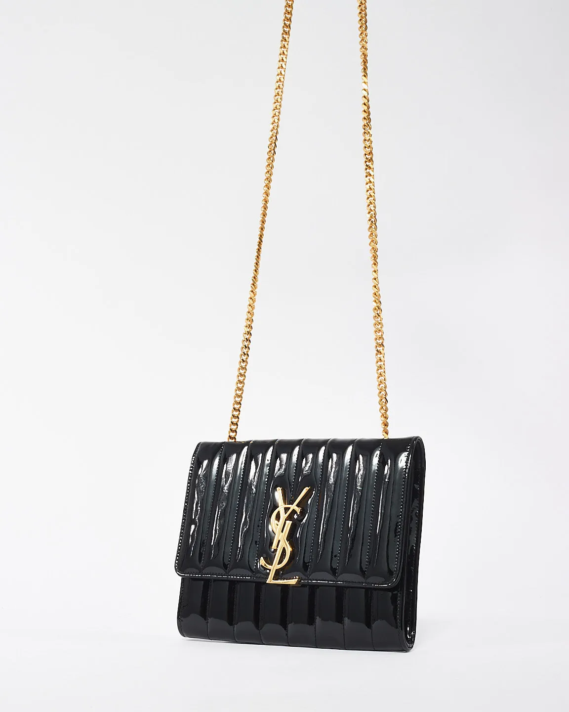 Saint Laurent Black Patent Leather Matelasse Wallet on Chain Vicky Crossbody Bag