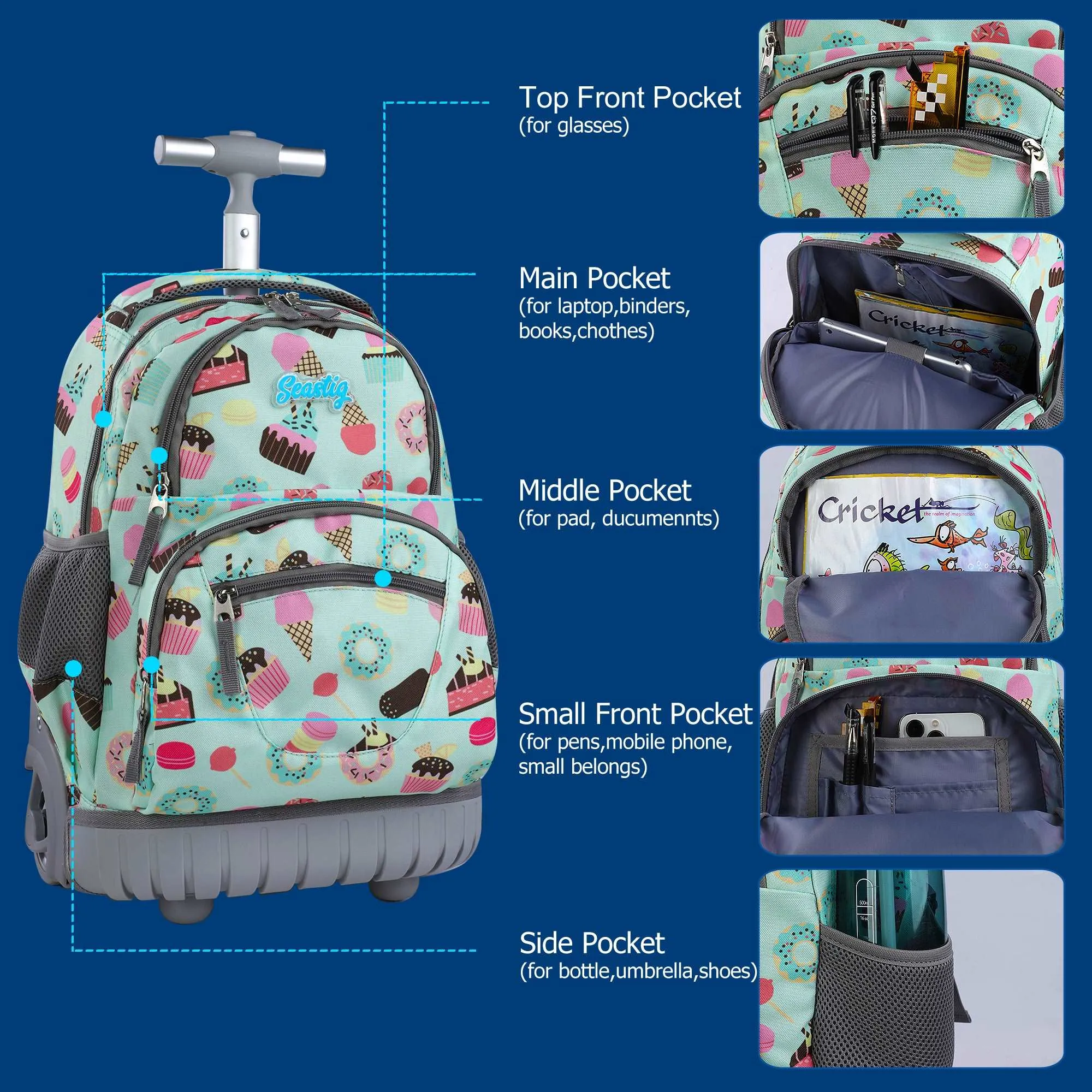 seastig 16 inch Green Sweets Rolling Backpack for Kids