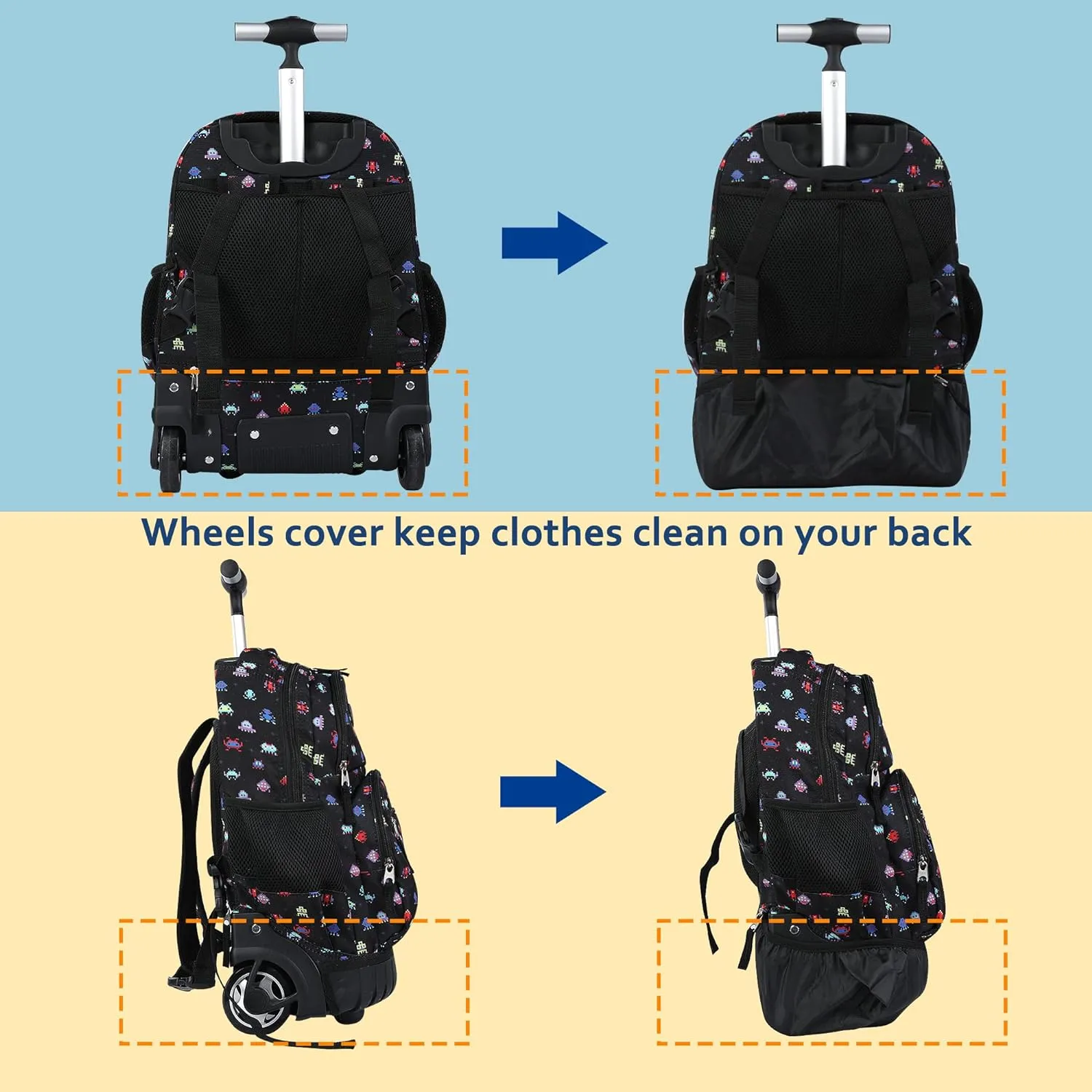 seastig Black Robot 16 inch Rolling Backpack with Lunch Bag & Pencil Case Set