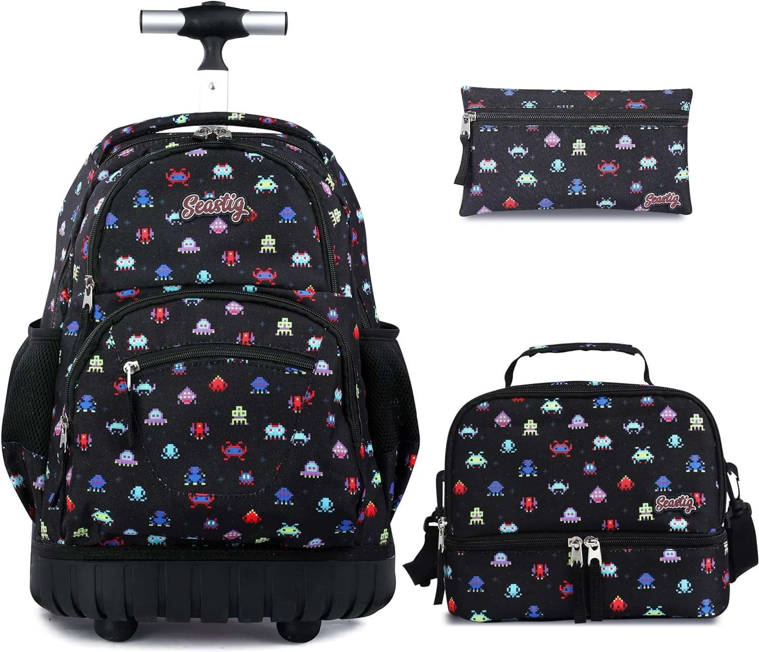 seastig Black Robot 16 inch Rolling Backpack with Lunch Bag & Pencil Case Set