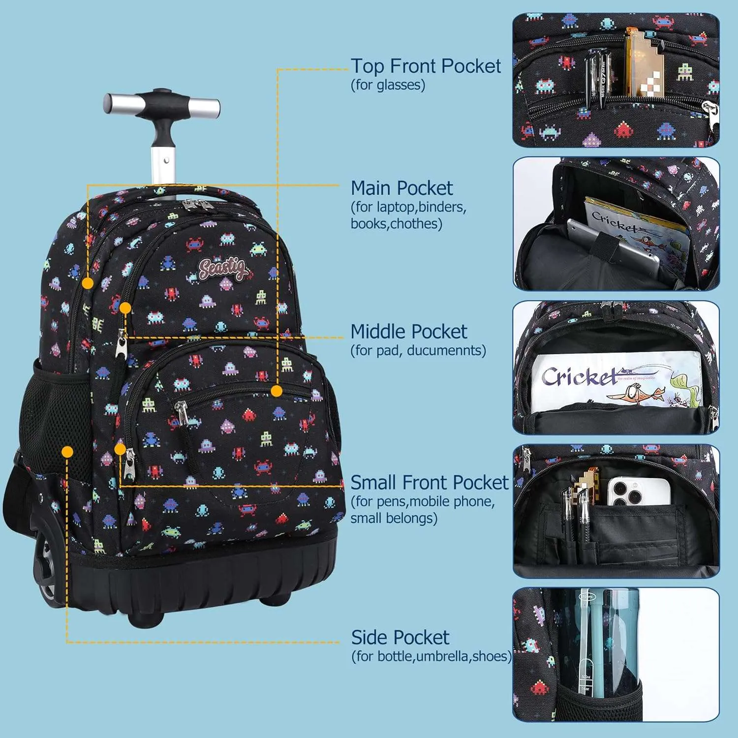 seastig Black Robot 16 inch Rolling Backpack with Lunch Bag & Pencil Case Set
