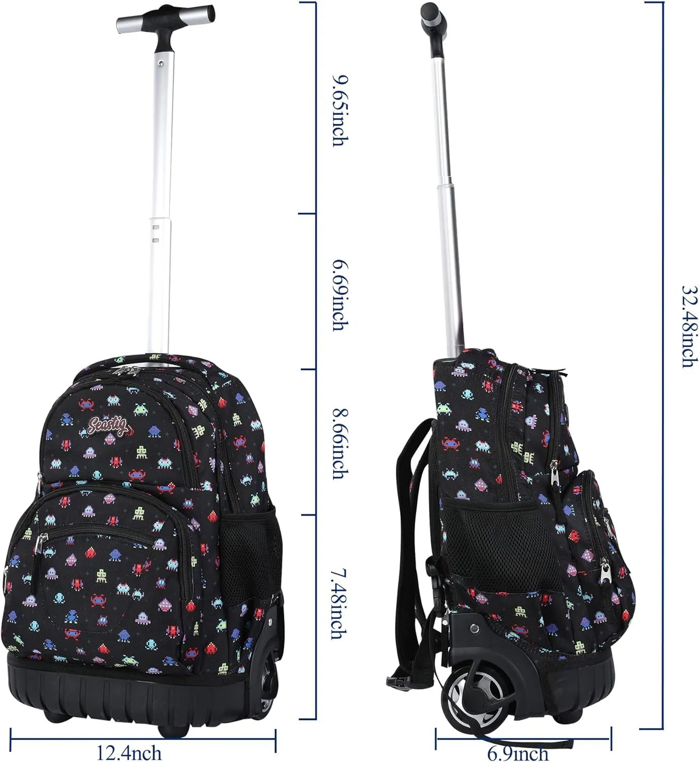 seastig Black Robot 16 inch Rolling Backpack with Lunch Bag & Pencil Case Set