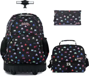 seastig Black Robot 16 inch Rolling Backpack with Lunch Bag & Pencil Case Set