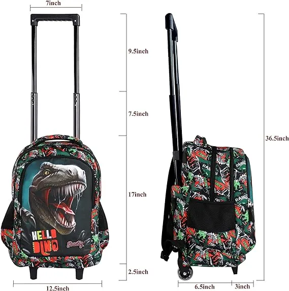 Seastig Dinosaur Black Rolling Backpack 18in with Lunch Bag Set