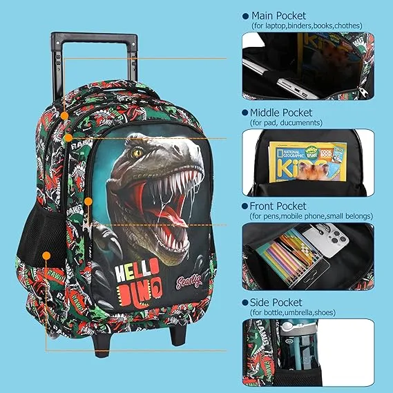 Seastig Dinosaur Black Rolling Backpack 18in with Lunch Bag Set