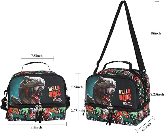 Seastig Dinosaur Black Rolling Backpack 18in with Lunch Bag Set