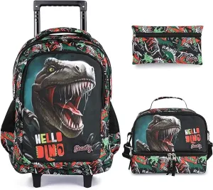 Seastig Dinosaur Black Rolling Backpack 18in with Lunch Bag Set