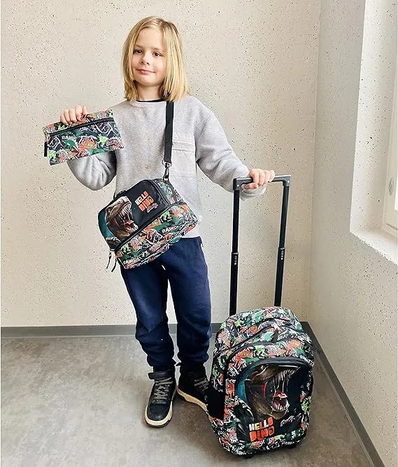 Seastig Dinosaur Black Rolling Backpack 18in with Lunch Bag Set