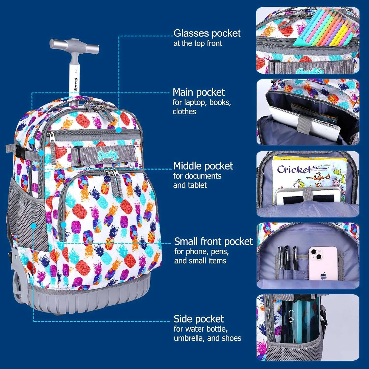 Seastig Pineapple White 18 inch Rolling Backpack for Kids with Lunch Bag and Pencil Case Set