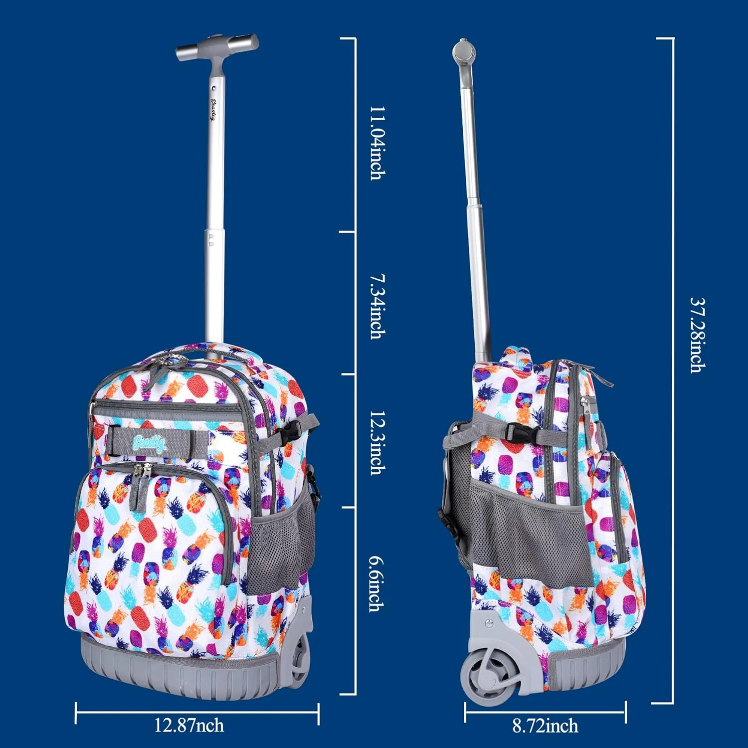 Seastig Pineapple White 18 inch Rolling Backpack for Kids with Lunch Bag and Pencil Case Set