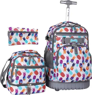 Seastig Pineapple White 18 inch Rolling Backpack for Kids with Lunch Bag and Pencil Case Set