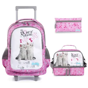 Seastig Pink Two Cats 18 inch Double Handle Rolling Backpack for Kids with Lunch Bag and Pencil Case Set
