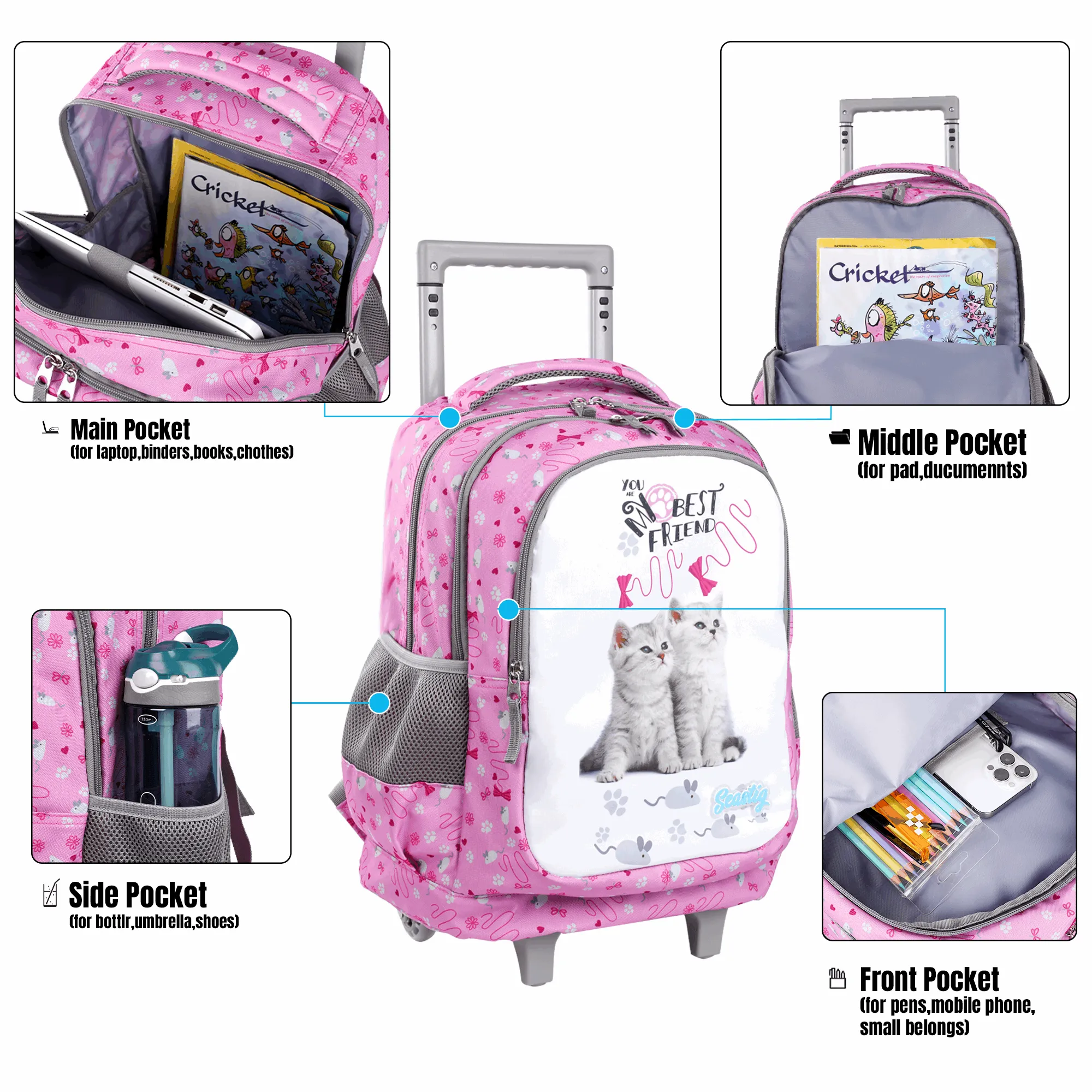 Seastig Pink Two Cats 18 inch Double Handle Rolling Backpack for Kids with Lunch Bag and Pencil Case Set