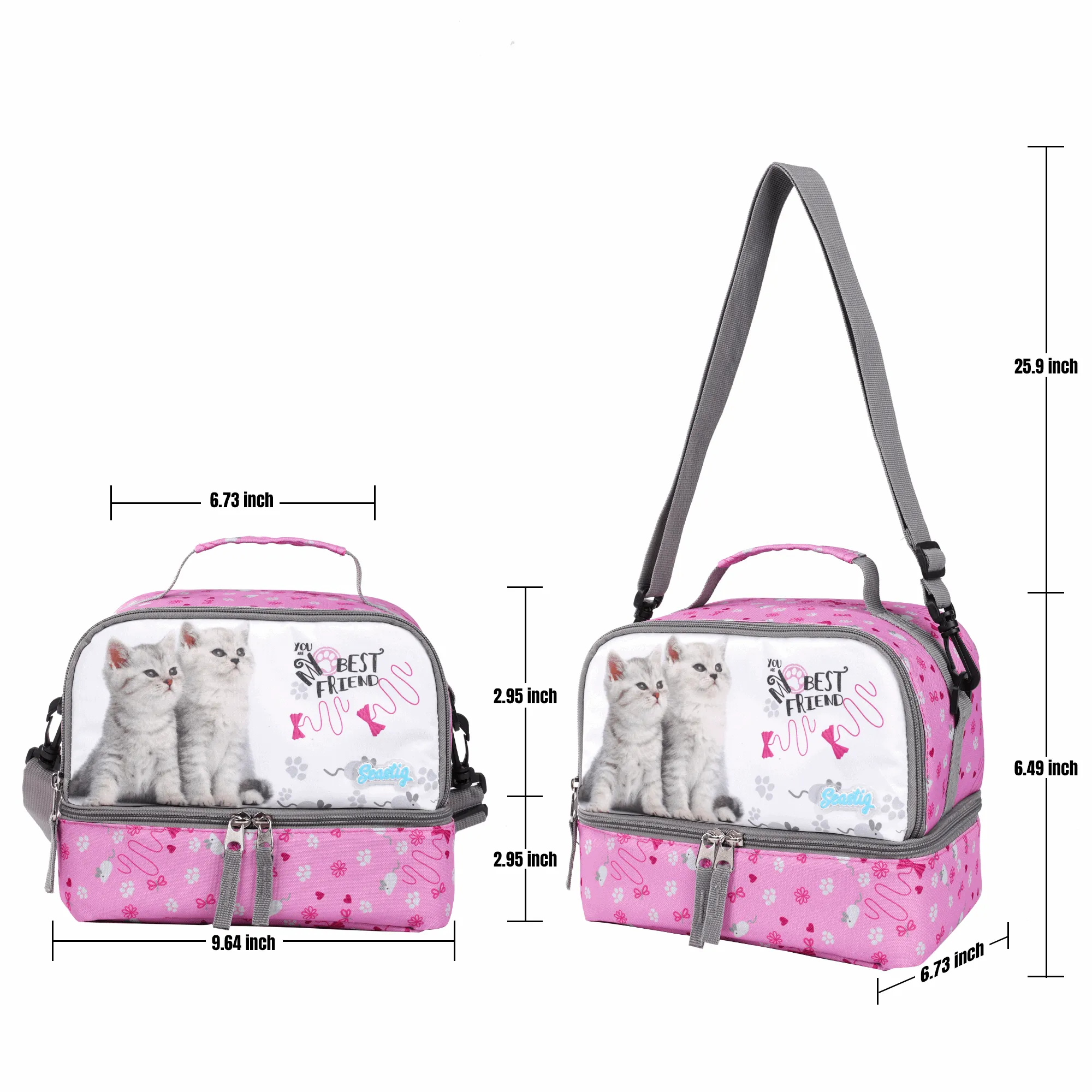 Seastig Pink Two Cats 18 inch Double Handle Rolling Backpack for Kids with Lunch Bag and Pencil Case Set