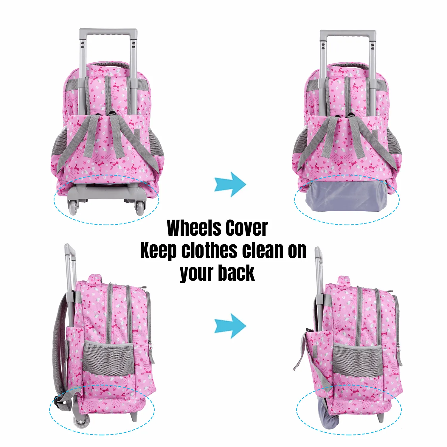 Seastig Pink Two Cats 18 inch Double Handle Rolling Backpack for Kids with Lunch Bag and Pencil Case Set