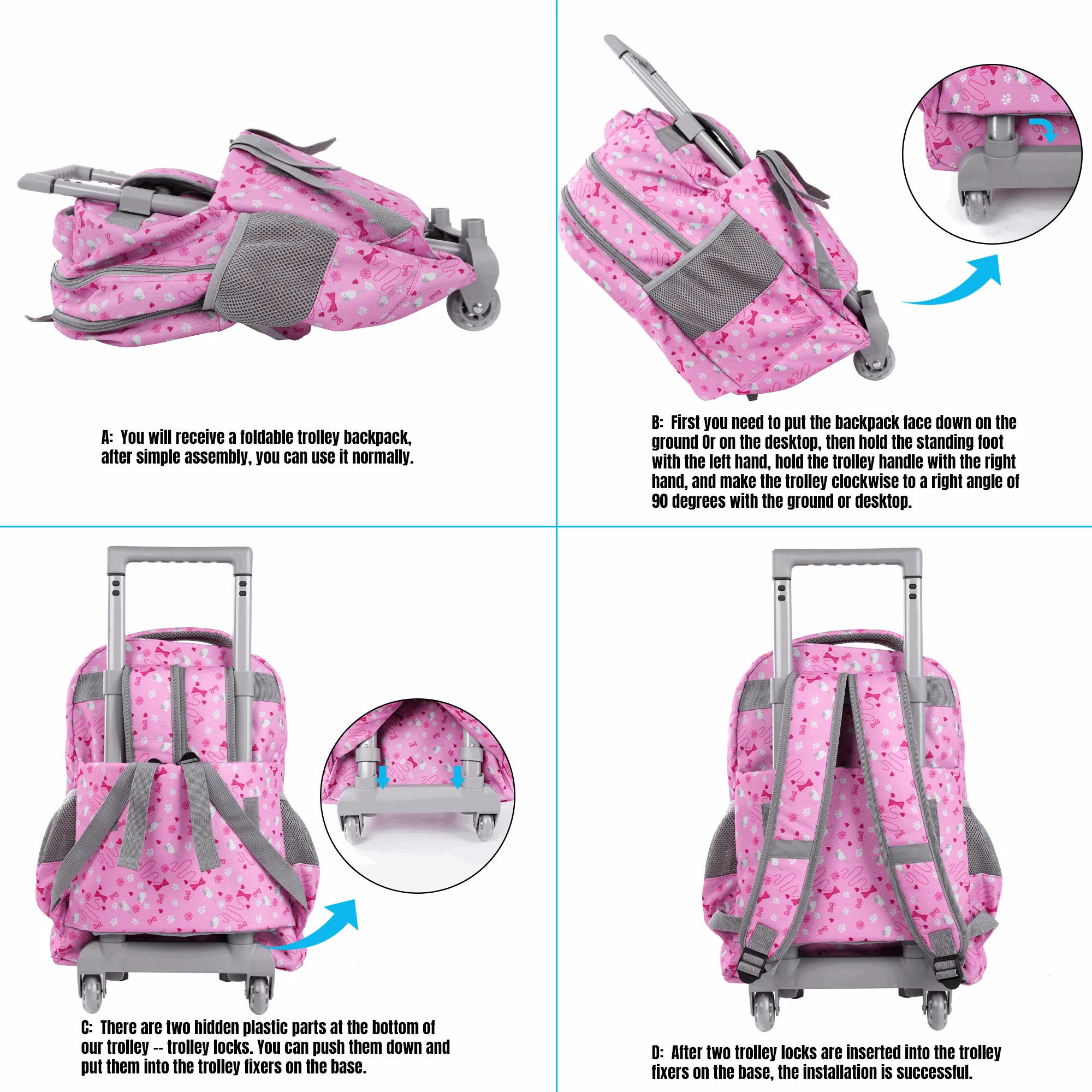 Seastig Pink Two Cats 18 inch Double Handle Rolling Backpack for Kids with Lunch Bag and Pencil Case Set