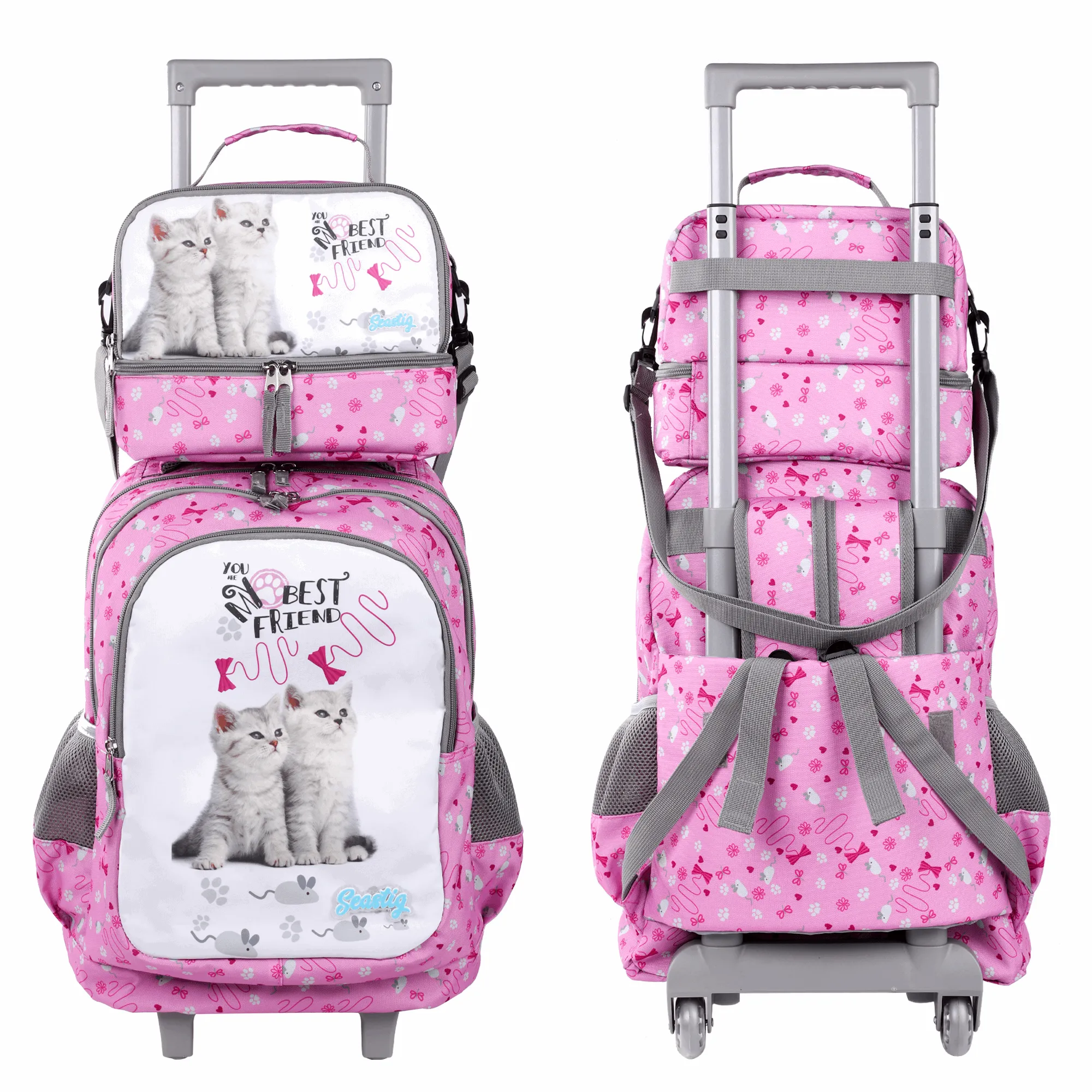 Seastig Pink Two Cats 18 inch Double Handle Rolling Backpack for Kids with Lunch Bag and Pencil Case Set