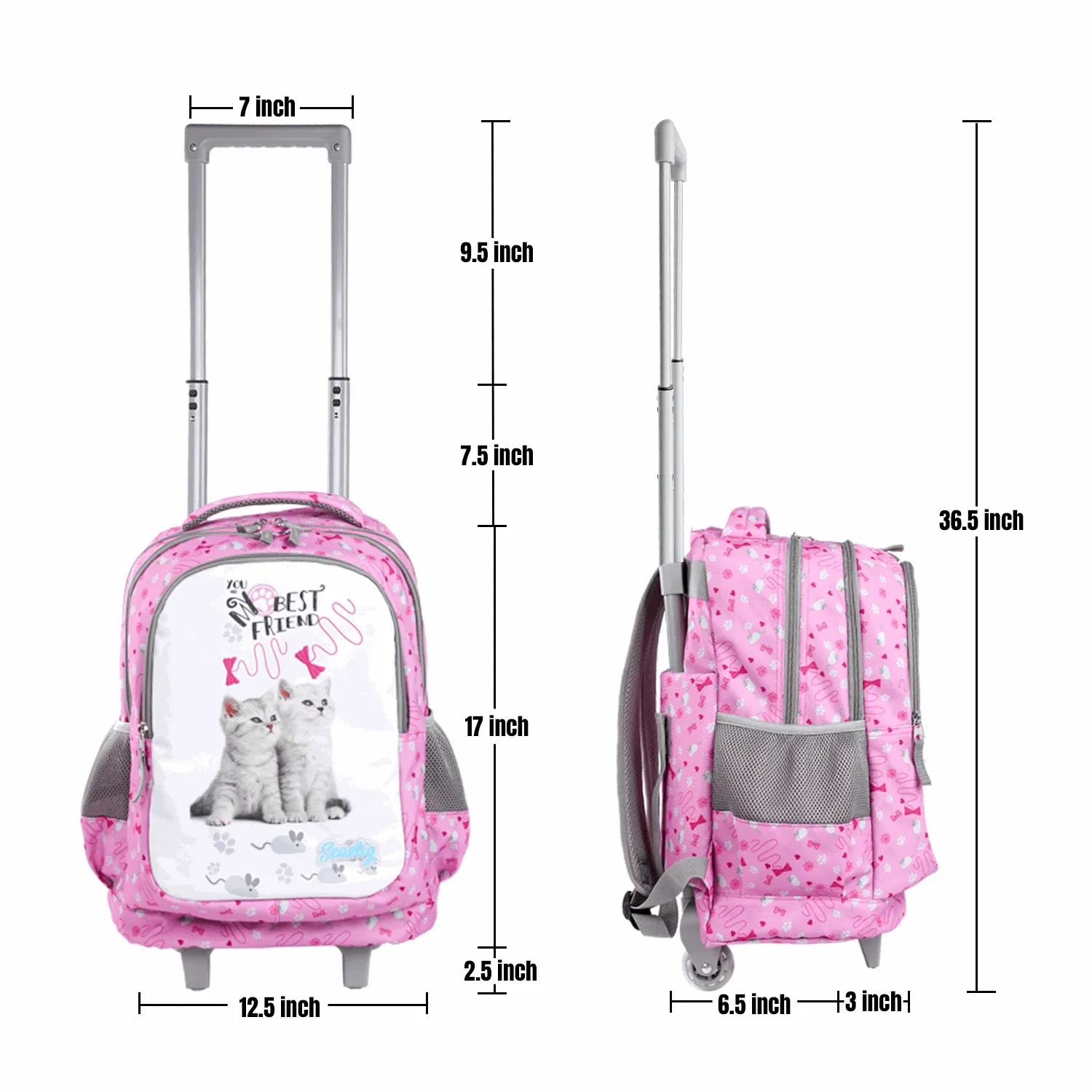 Seastig Pink Two Cats 18 inch Double Handle Rolling Backpack for Kids with Lunch Bag and Pencil Case Set