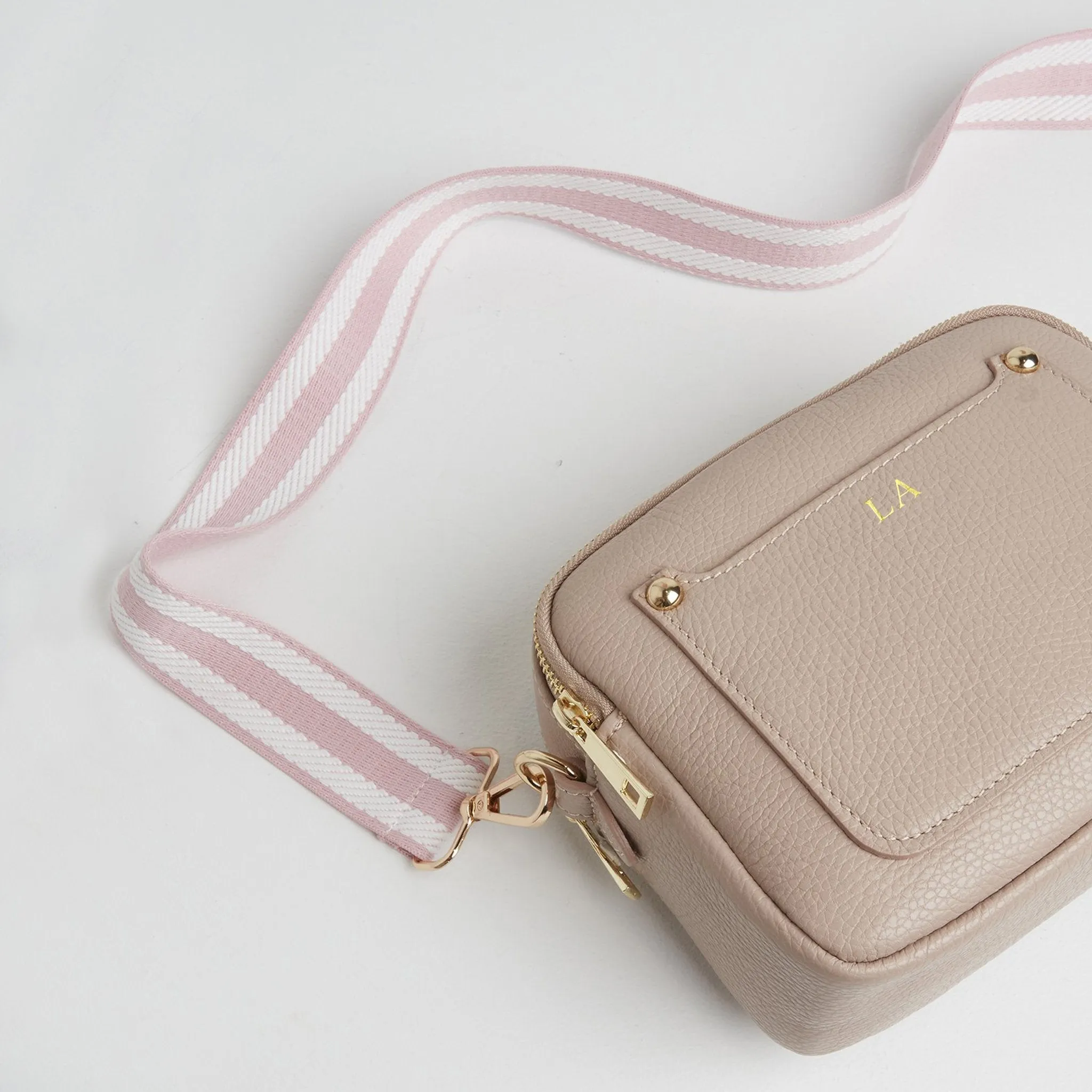 Sienna Crossbody Bag in Blush with Candy Pink Stripe Strap