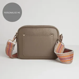 Sienna Crossbody Bag in Dark Taupe with Orange Aztec Strap