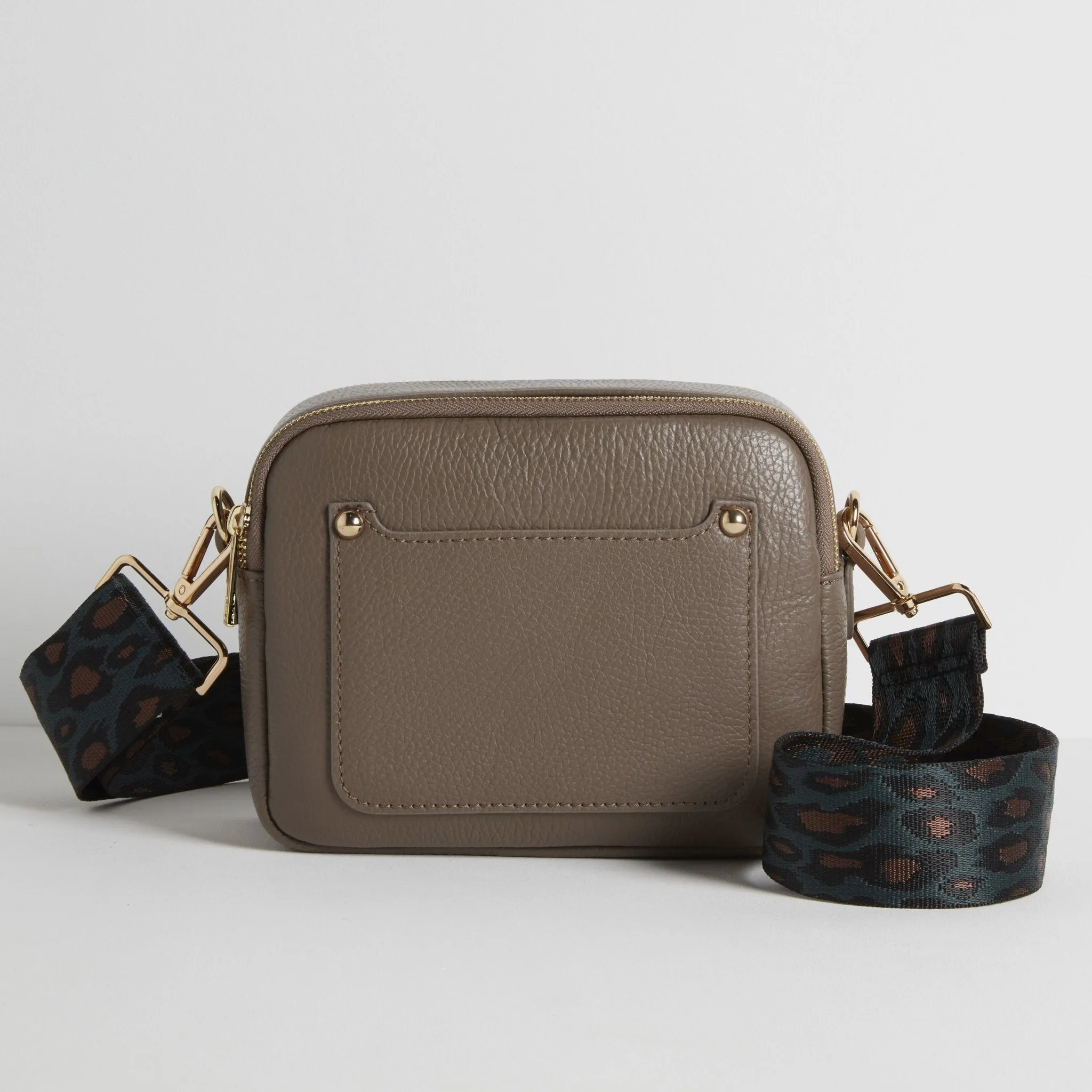 Sienna Crossbody Bag in Dark Taupe with Teal and Brown Leopard Strap