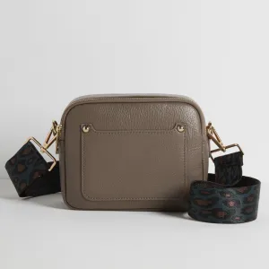 Sienna Crossbody Bag in Dark Taupe with Teal and Brown Leopard Strap