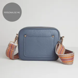 Sienna Crossbody Bag in Denim Blue with Orange Aztec Strap