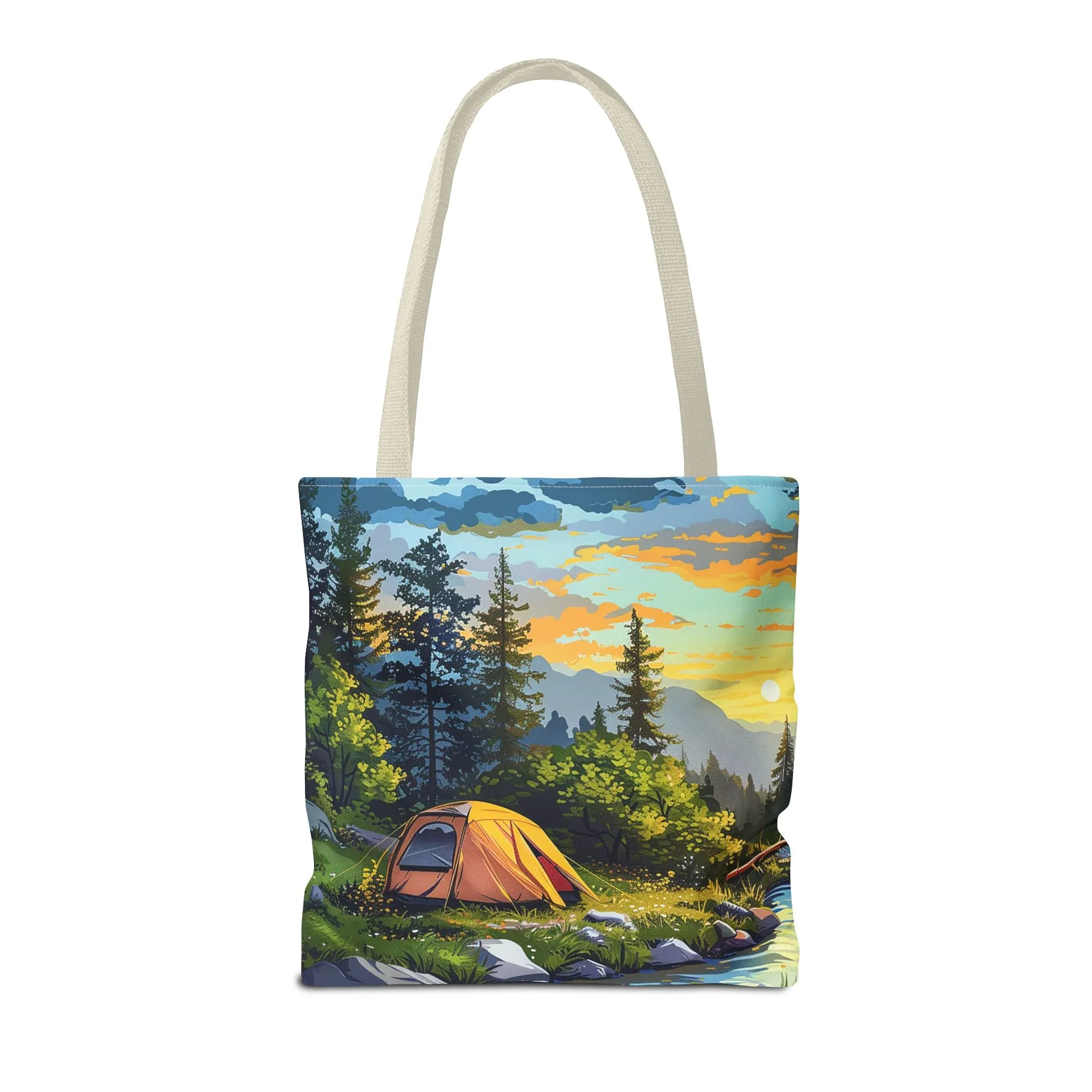 Sunset Mountain Retreat Tote Bag - Carry the Serenity of Camping Next to a Mountain Stream with You! Available in 3 sizes.
