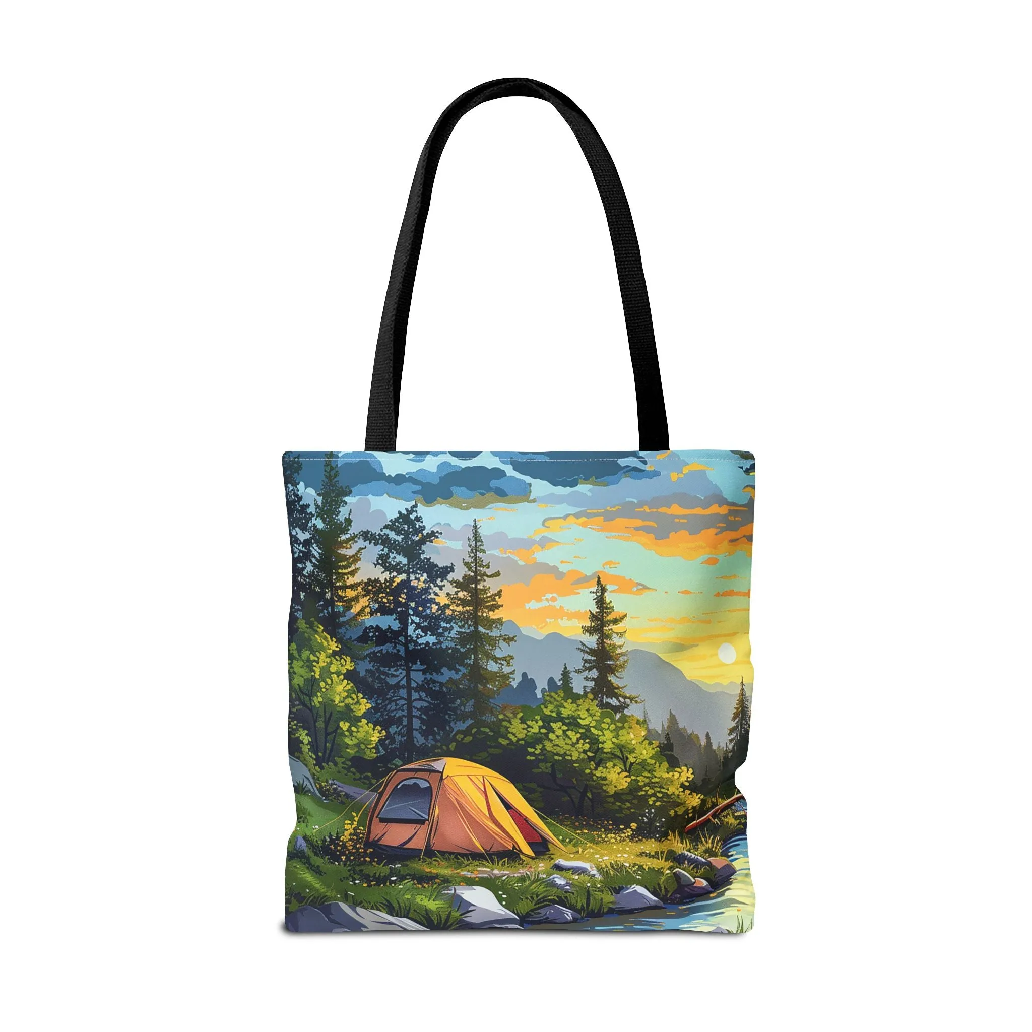 Sunset Mountain Retreat Tote Bag - Carry the Serenity of Camping Next to a Mountain Stream with You! Available in 3 sizes.