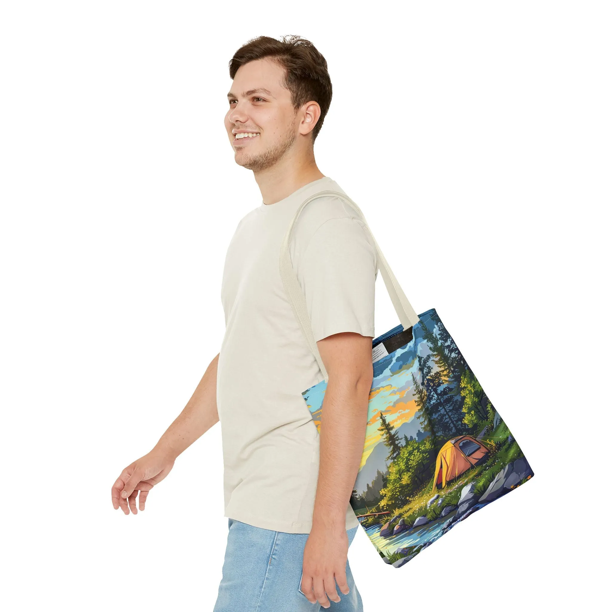Sunset Mountain Retreat Tote Bag - Carry the Serenity of Camping Next to a Mountain Stream with You! Available in 3 sizes.
