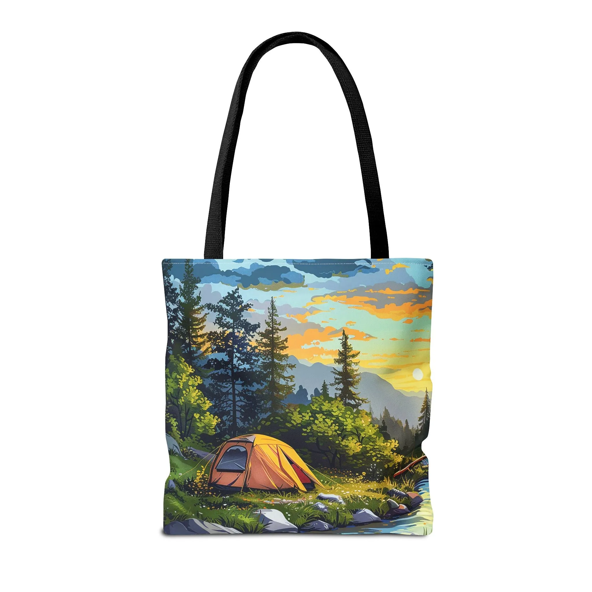 Sunset Mountain Retreat Tote Bag - Carry the Serenity of Camping Next to a Mountain Stream with You! Available in 3 sizes.