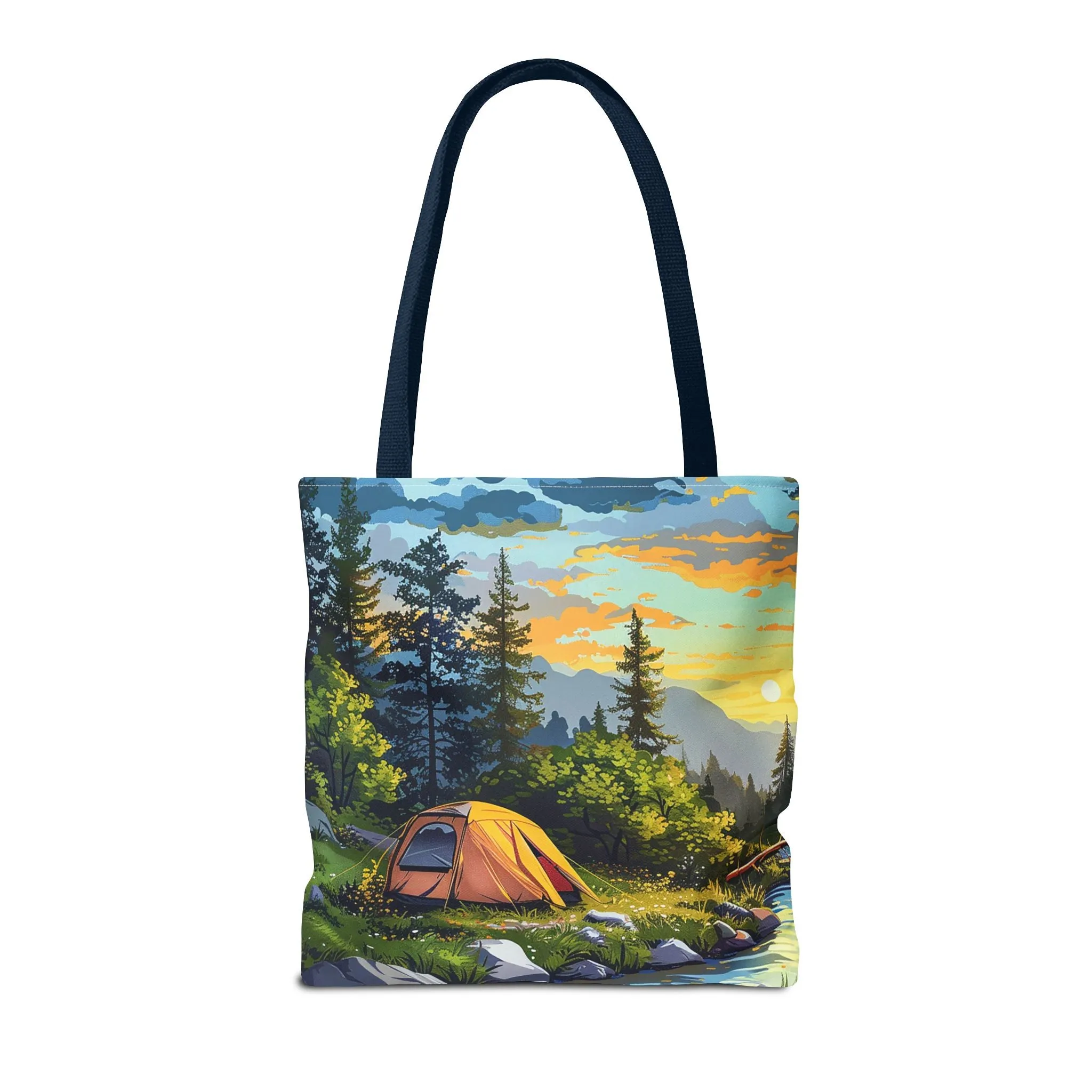 Sunset Mountain Retreat Tote Bag - Carry the Serenity of Camping Next to a Mountain Stream with You! Available in 3 sizes.