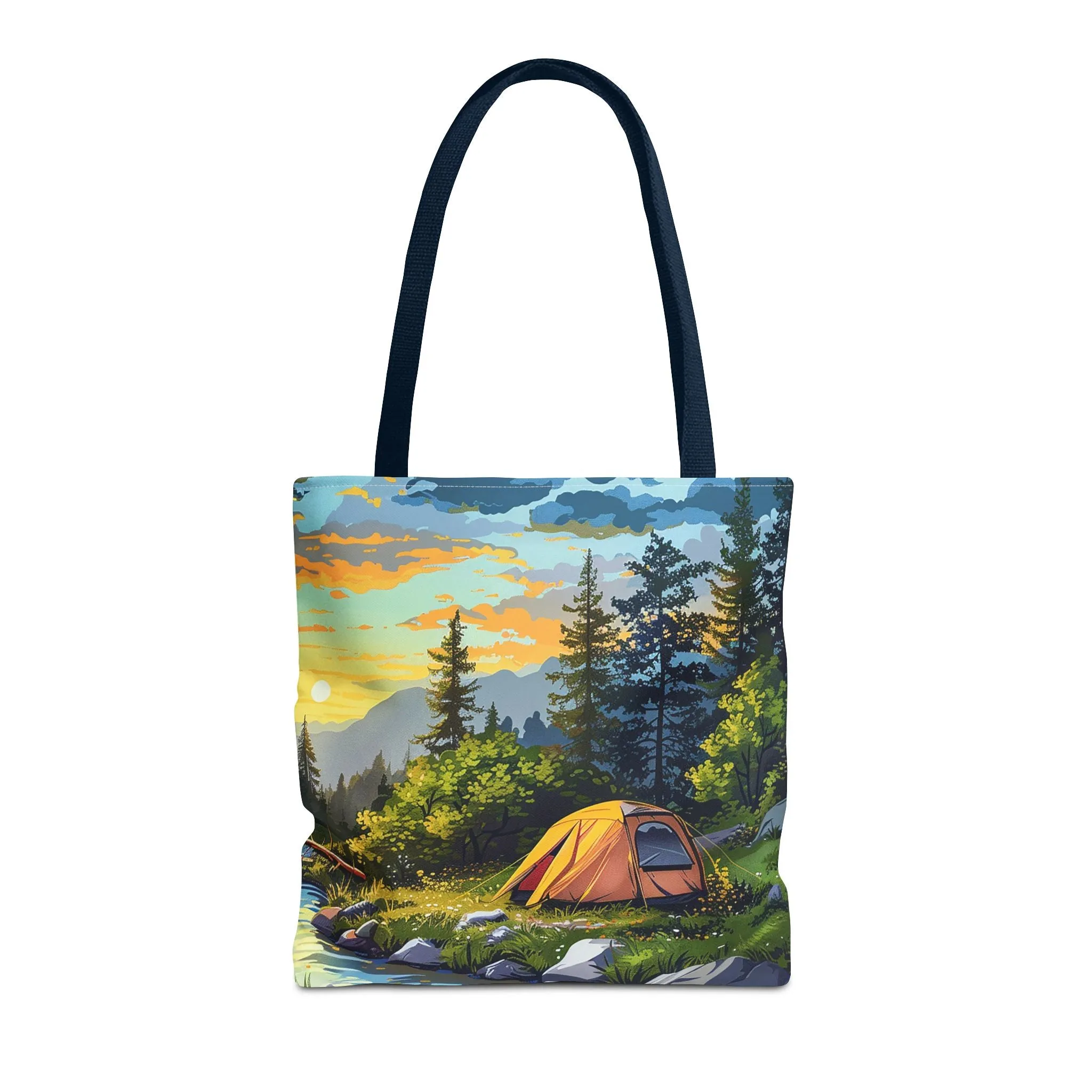 Sunset Mountain Retreat Tote Bag - Carry the Serenity of Camping Next to a Mountain Stream with You! Available in 3 sizes.