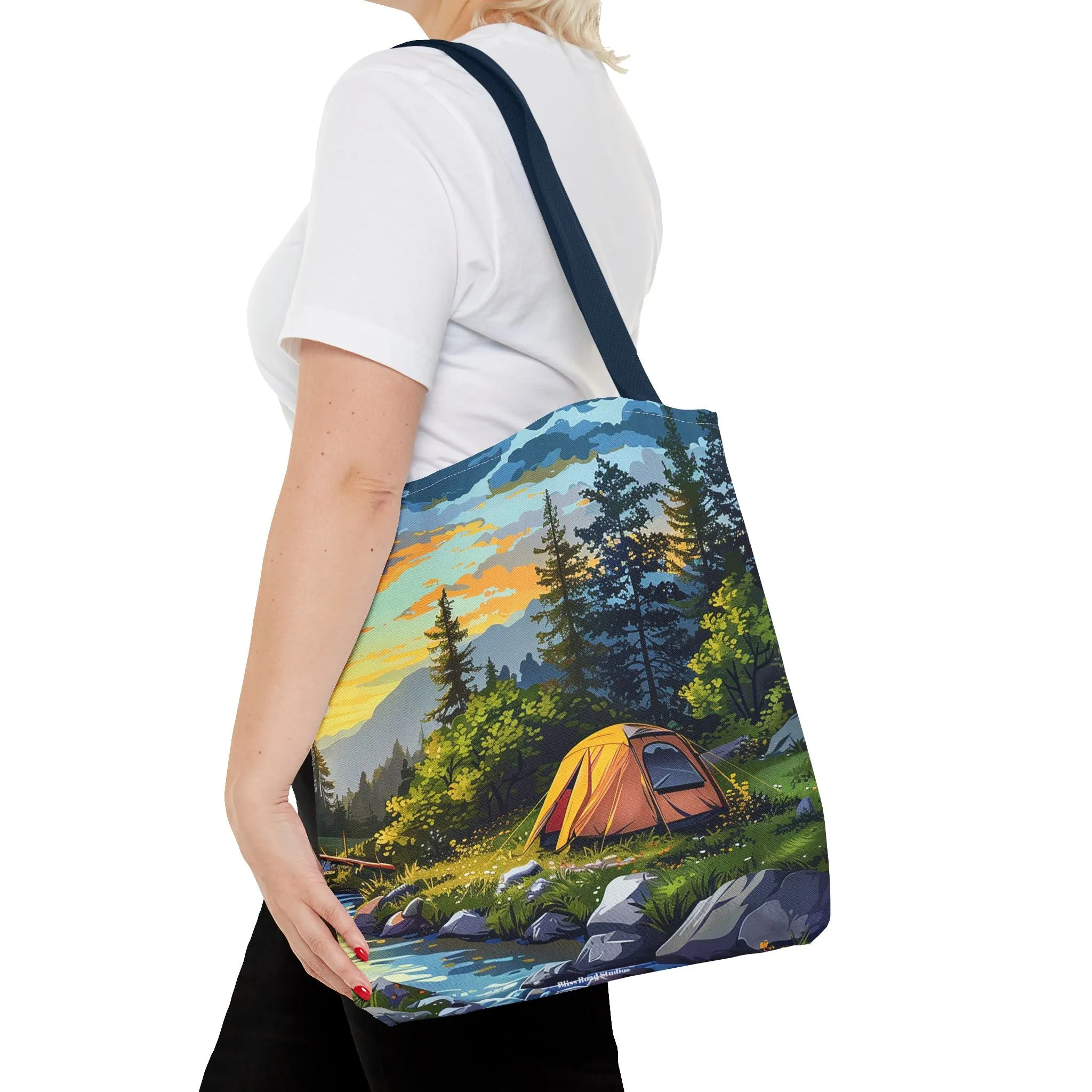 Sunset Mountain Retreat Tote Bag - Carry the Serenity of Camping Next to a Mountain Stream with You! Available in 3 sizes.