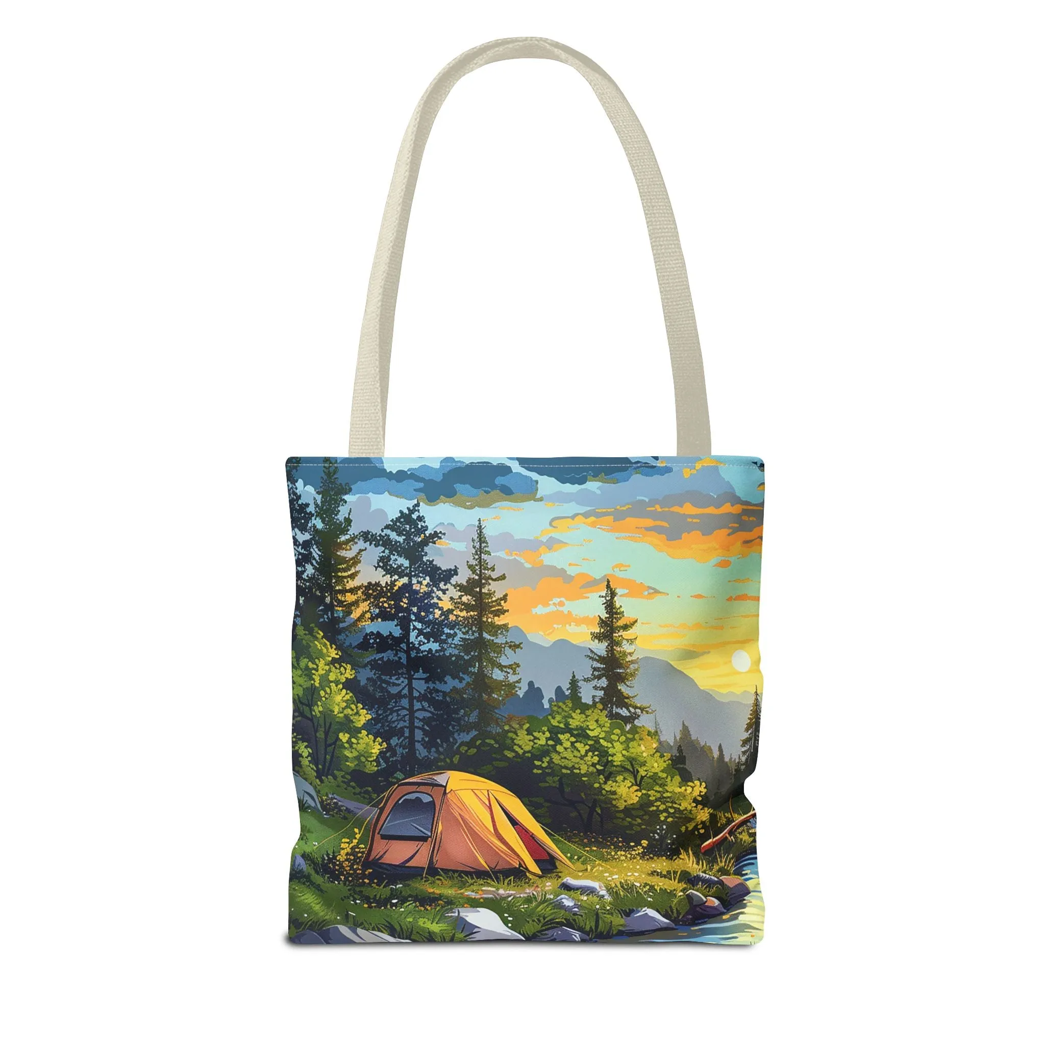 Sunset Mountain Retreat Tote Bag - Carry the Serenity of Camping Next to a Mountain Stream with You! Available in 3 sizes.
