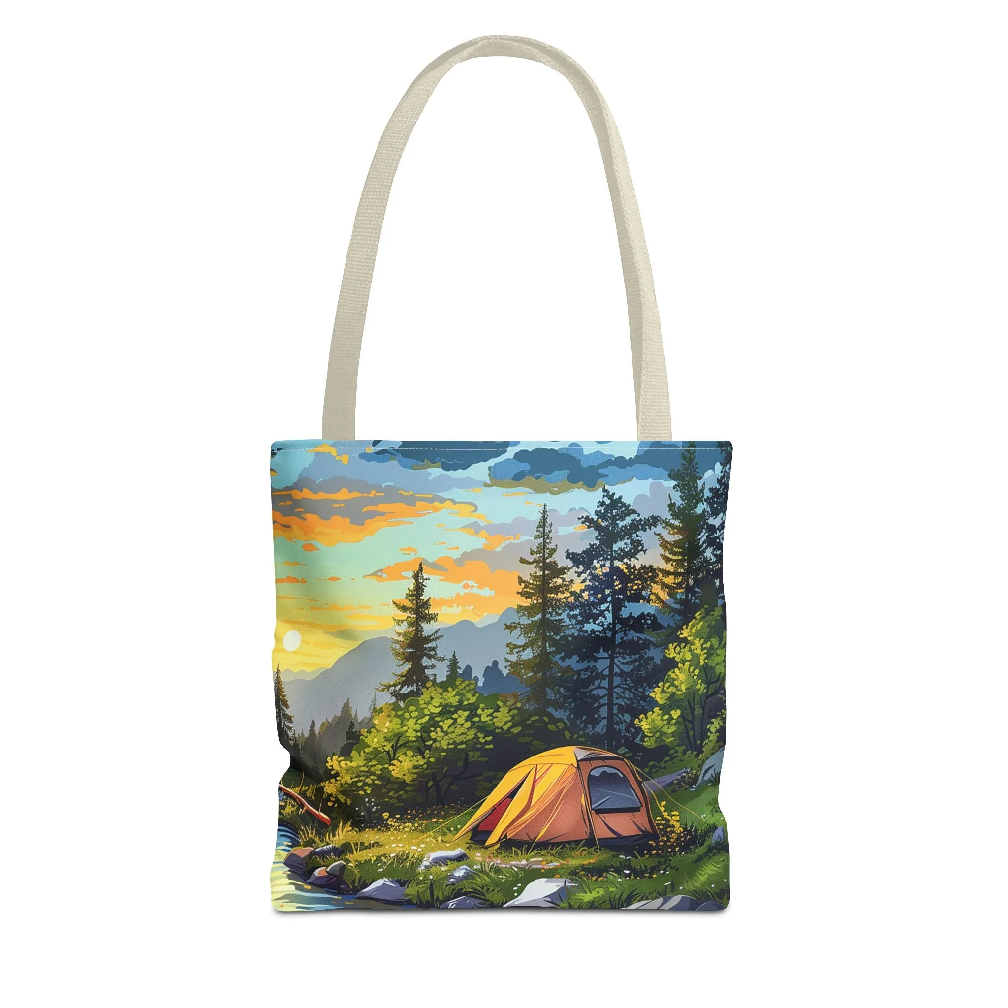 Sunset Mountain Retreat Tote Bag - Carry the Serenity of Camping Next to a Mountain Stream with You! Available in 3 sizes.