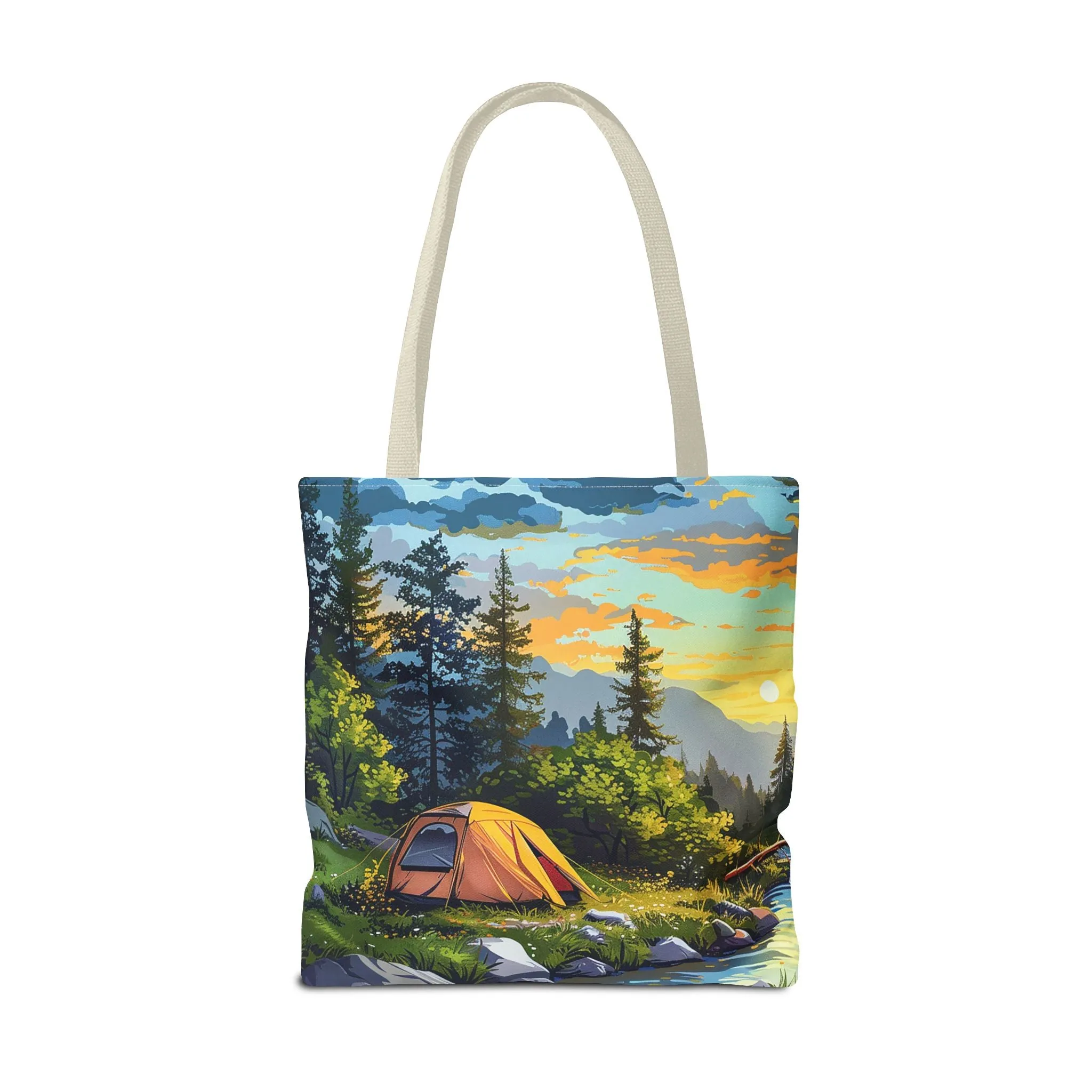 Sunset Mountain Retreat Tote Bag - Carry the Serenity of Camping Next to a Mountain Stream with You! Available in 3 sizes.