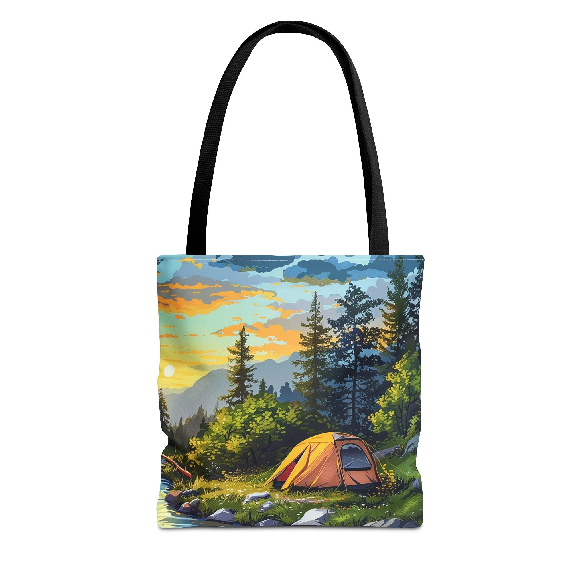 Sunset Mountain Retreat Tote Bag - Carry the Serenity of Camping Next to a Mountain Stream with You! Available in 3 sizes.