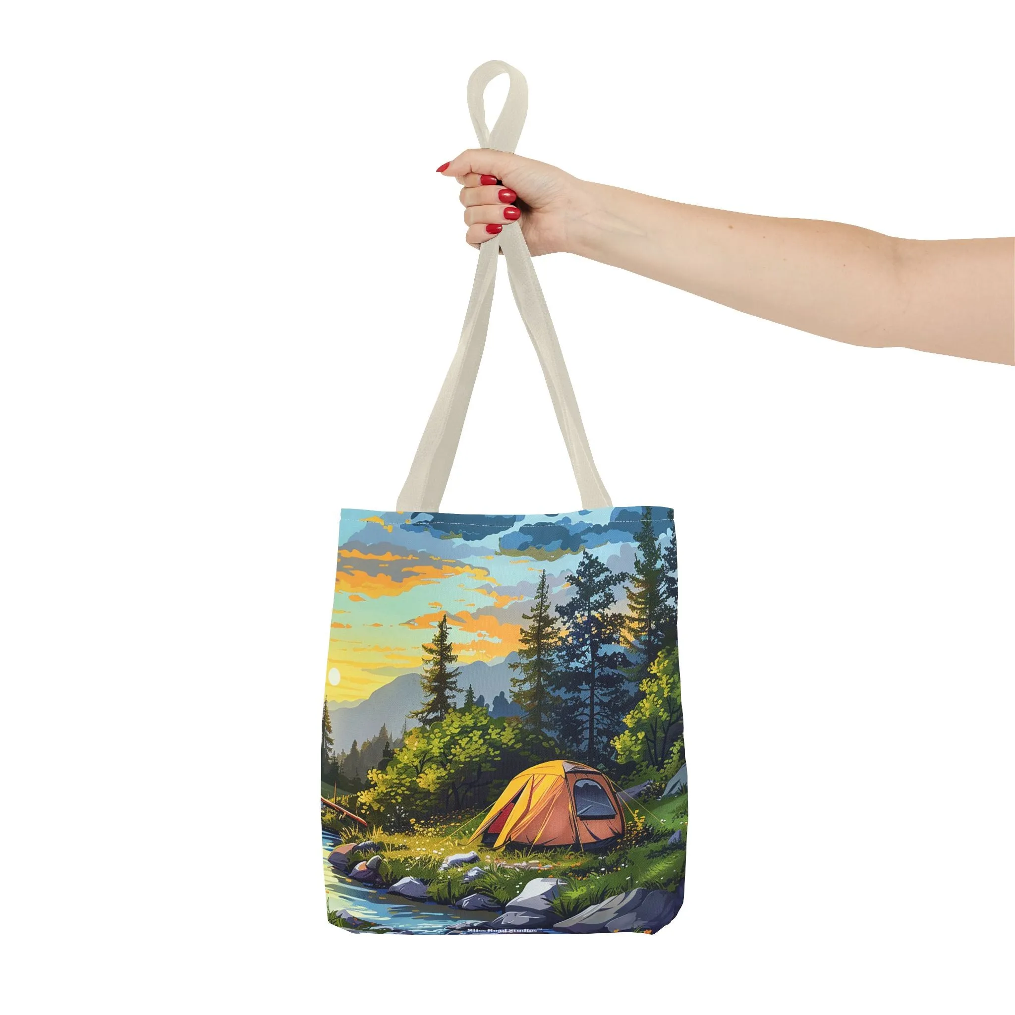Sunset Mountain Retreat Tote Bag - Carry the Serenity of Camping Next to a Mountain Stream with You! Available in 3 sizes.