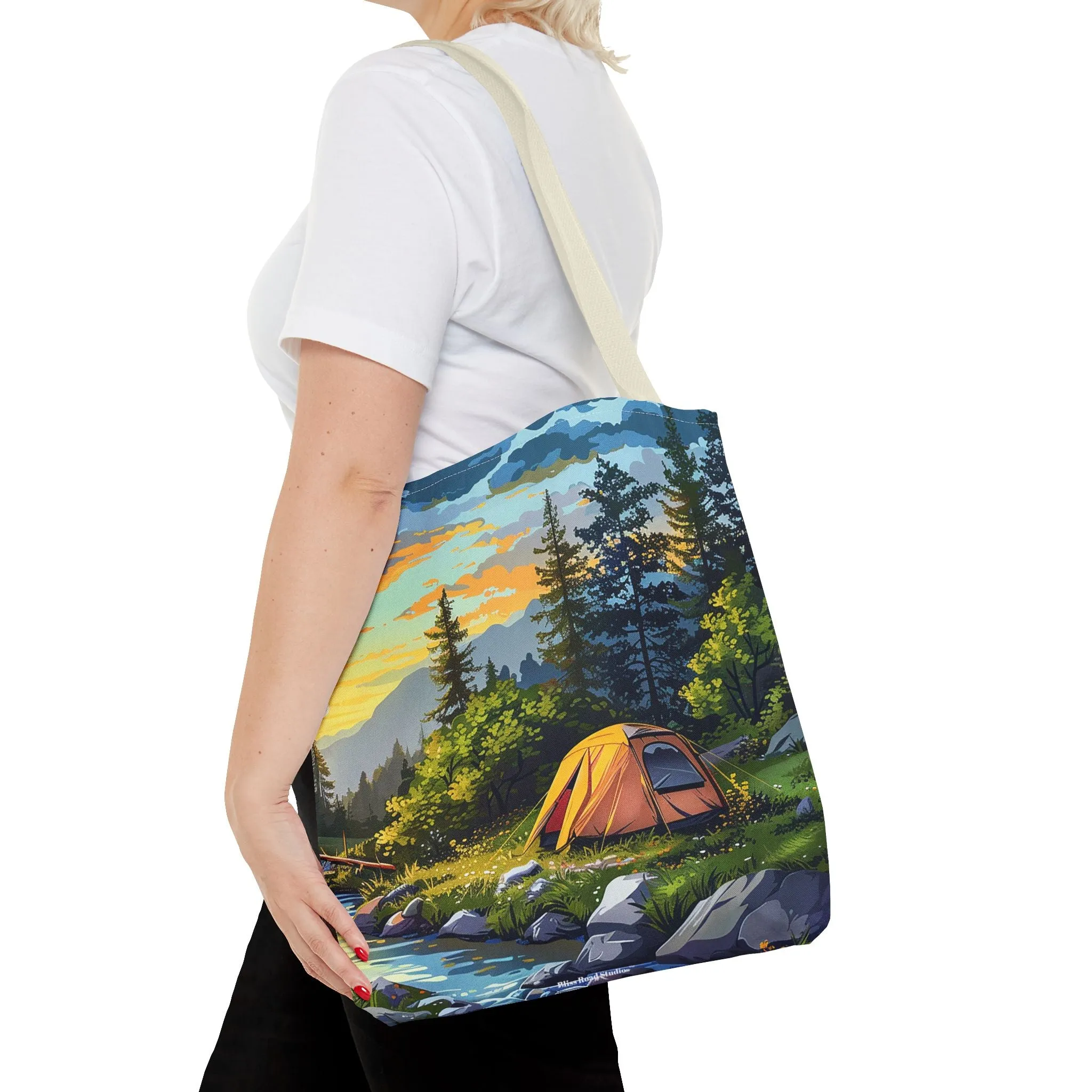 Sunset Mountain Retreat Tote Bag - Carry the Serenity of Camping Next to a Mountain Stream with You! Available in 3 sizes.